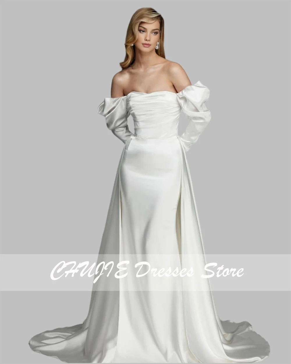 Robe de mariée blanche élégante et exquise, épaules dénudées, grande taille, manches longues, robe de mariée sirène Court, personnalisée