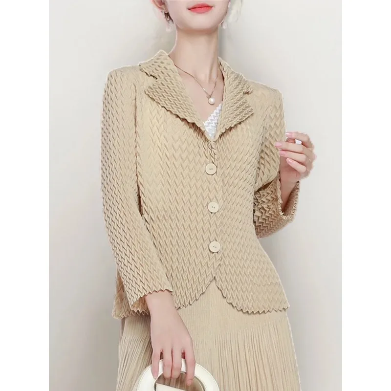 YUDX Miyake Spring Fashion Pleated Shirt Women Solid Color Lapel Long Sleeves Single Breasted Tops Versatile 2024 New