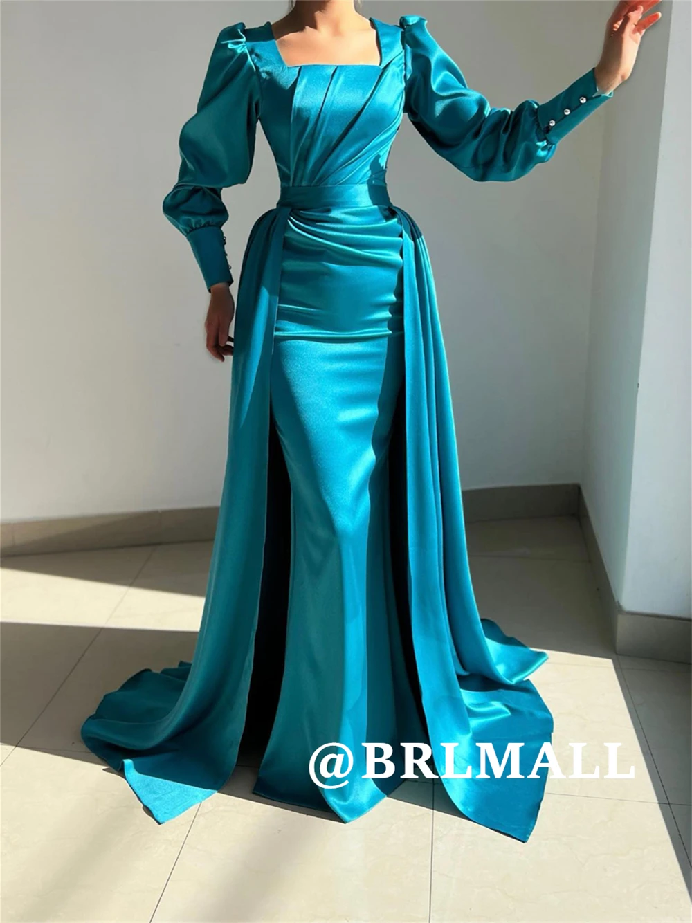

BRLMALL Full Sleeves Satin Prom Dress Square Neck Sheath Long Evening Dresses for Women 2025 Detachable Train Party Gown