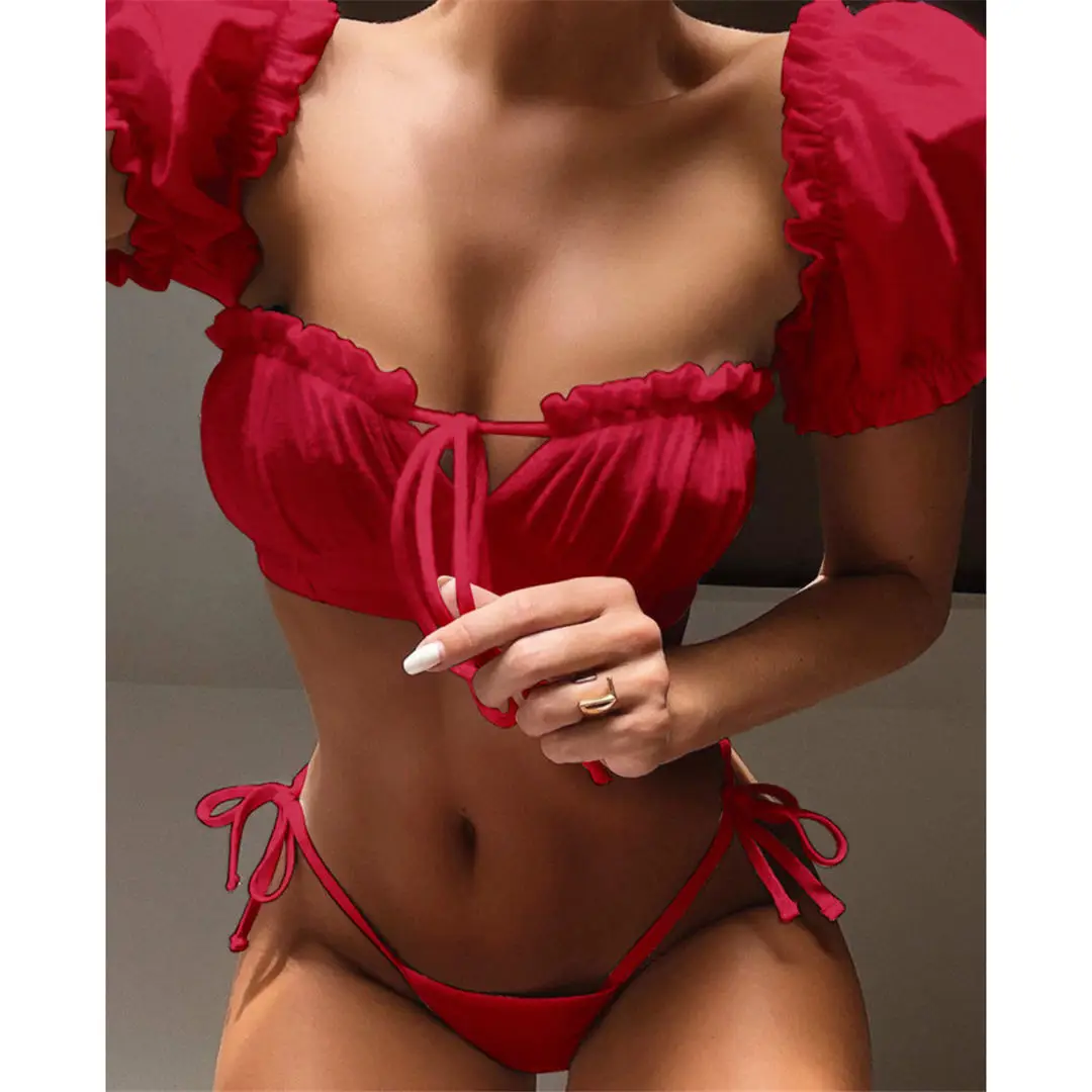 Kurzärmeliger, brasilianischer, plissierter, geraffter Bikini-Badeanzug für Damen, zweiteiliger Bikini-Set, Badebekleidung, Badeanzug, Schwimmanzug V1729 – Detail 20