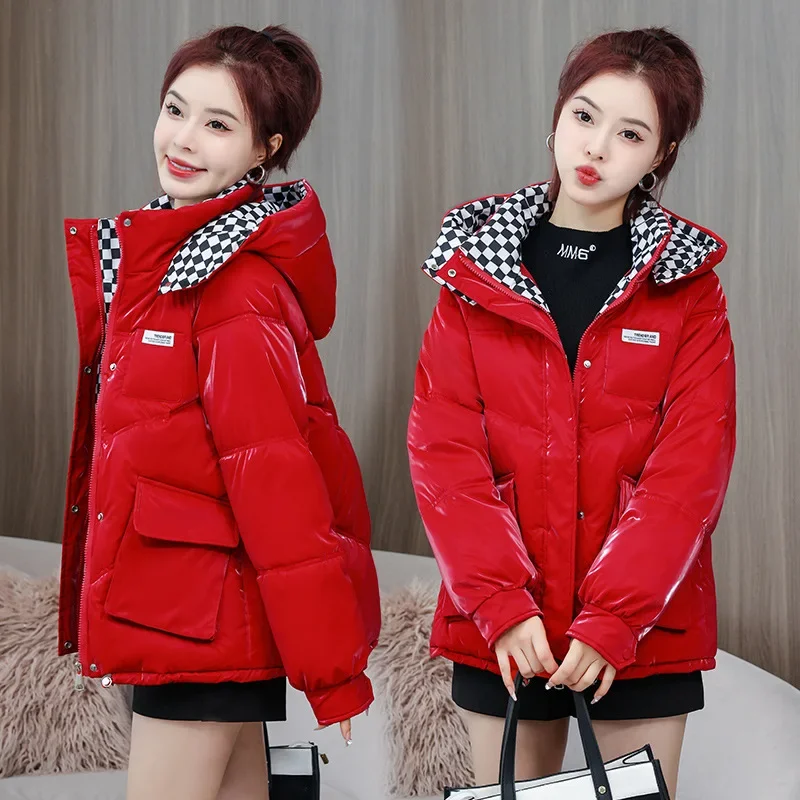 

2025 New Glossy Surface Women Parkas Plaid Spliced Stand Collar Hooded Jacket Short Loose Thickened Winter Warm Windproof Coats