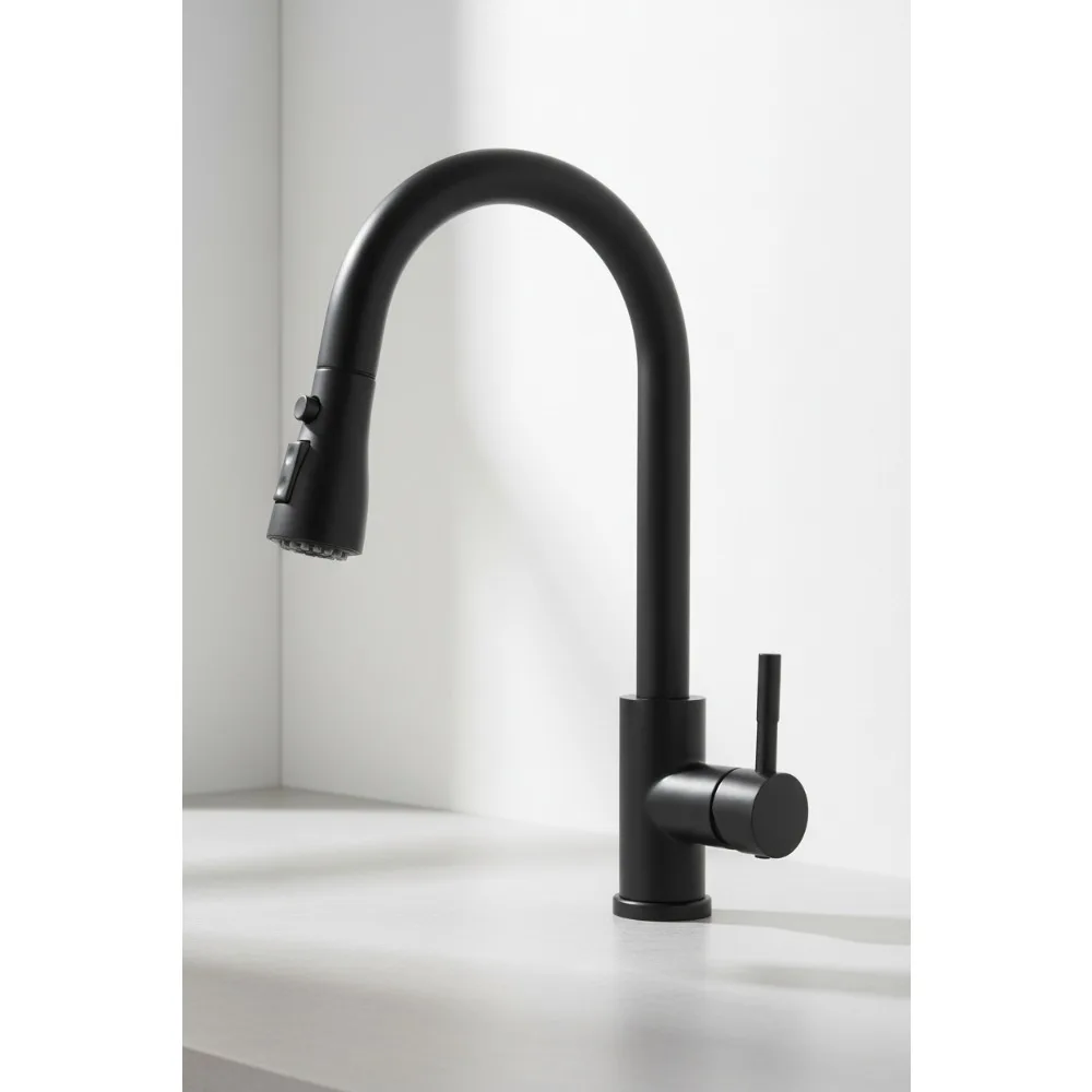 صنبور مطبخ أسود مع بخاخ منسدل، صنبور حوض بفتحة واحدة للمزرعة RV في الهواء الطلق #1