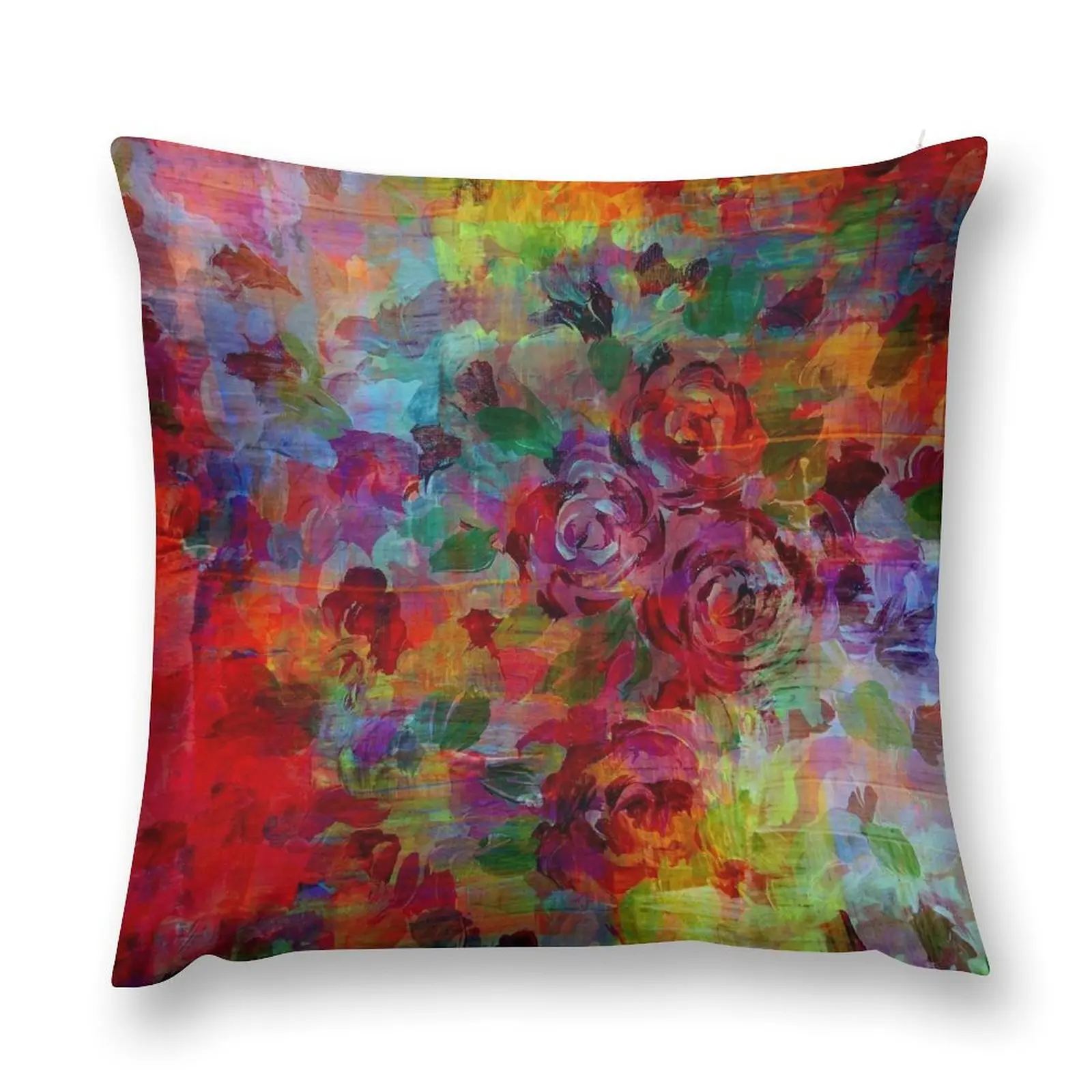 THROUGH ROSE-COLORED GLASSES Bold Rainbow Floral Multicolor Flower Garden Abstract Modern Painting Design Throw Pillow