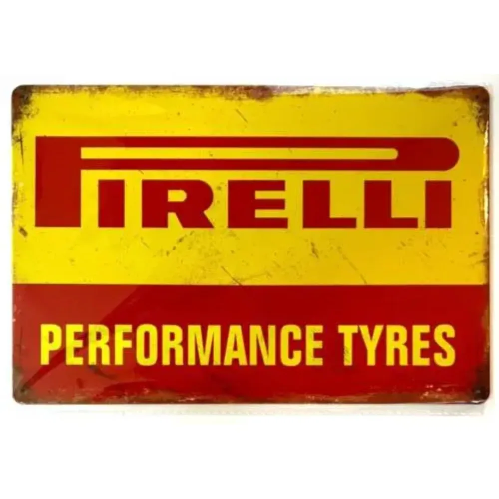 PirelliVintageTyreSign 1y Letrero metálico de neumáticos Pirelli Performance de estilo vintage - Decoración retro para pared con temática automotriz