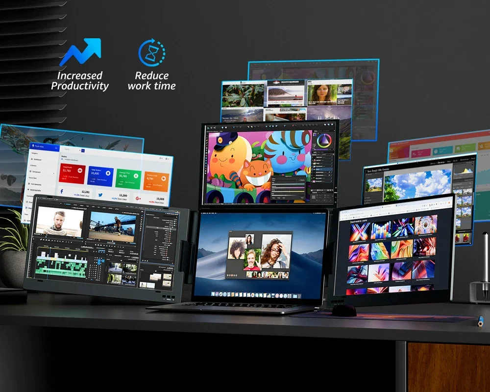 2026 Newest Tri Screen 14 Inch Laptop Extender Quadruple Monitor OEM/ODM IPS Panel Folding Portable Monitors For Business