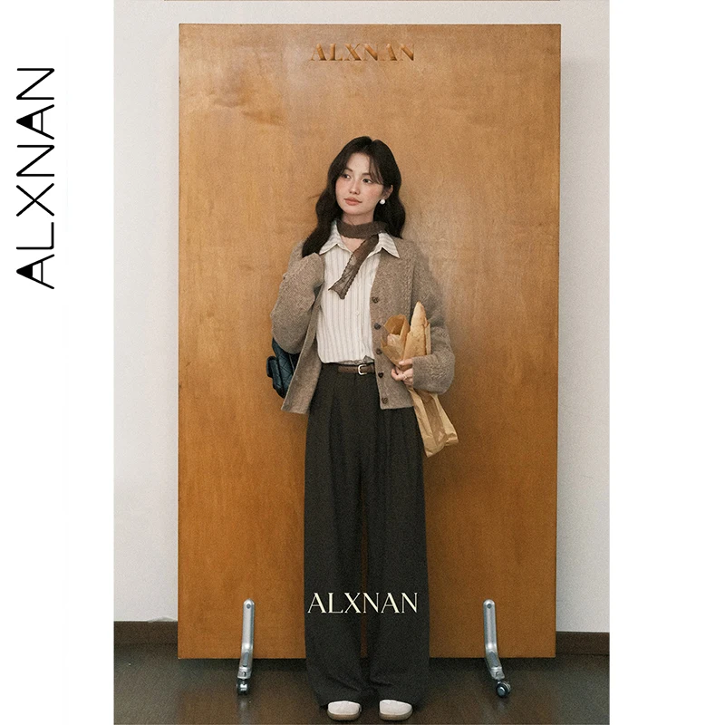ALXNAN pantalons décontractés pour femmes marron taille haute pantalon coupe ample tombant Anti-rides trajet polyvalent femme pantalon L57052