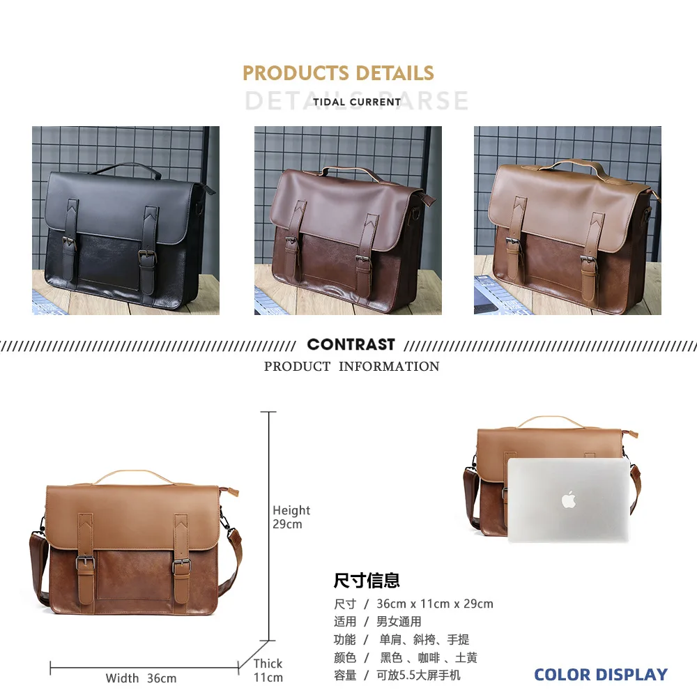 Bolsa mensageiro de couro PU para homens, bolsas de ombro vintage, sling masculino crossbody, bolsa de lazer, pasta marrom e preta