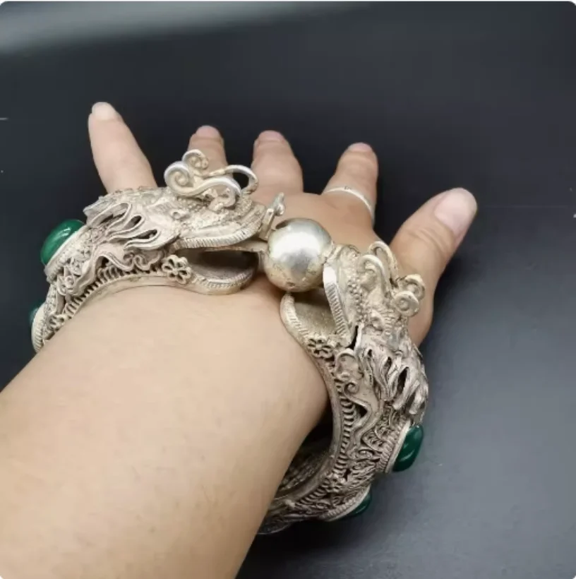 

ancient Green Jade Inlaid Tibetan Silver Cuff Bracelet Fashion Personality Jewelry Double Dragon Skeleton Bangles Women