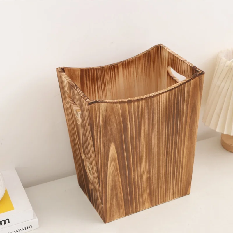 

New Wood Trash Can Waste Bin Large Capacity Rustic Space Saving Narrow Garbage Can Open Trash Can for Toilet Office