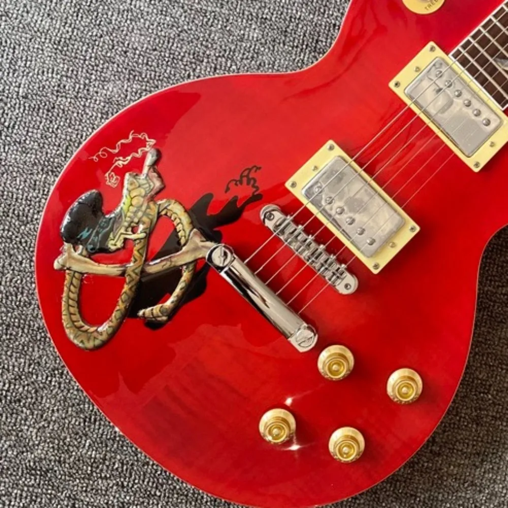 Bright Red 6 String Electric Guitar Solid Mahogany Body  Snake Bone Pattern Art Warm Thick Tone Suitable for Metal Rock Stage Performance