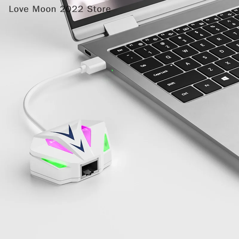 

USB/Type-C To RJ45 Network Cable Adapter With RGB Atmosphere Lamp For Laptop Desktop PC Computer Internet Wired Ethernet HUB