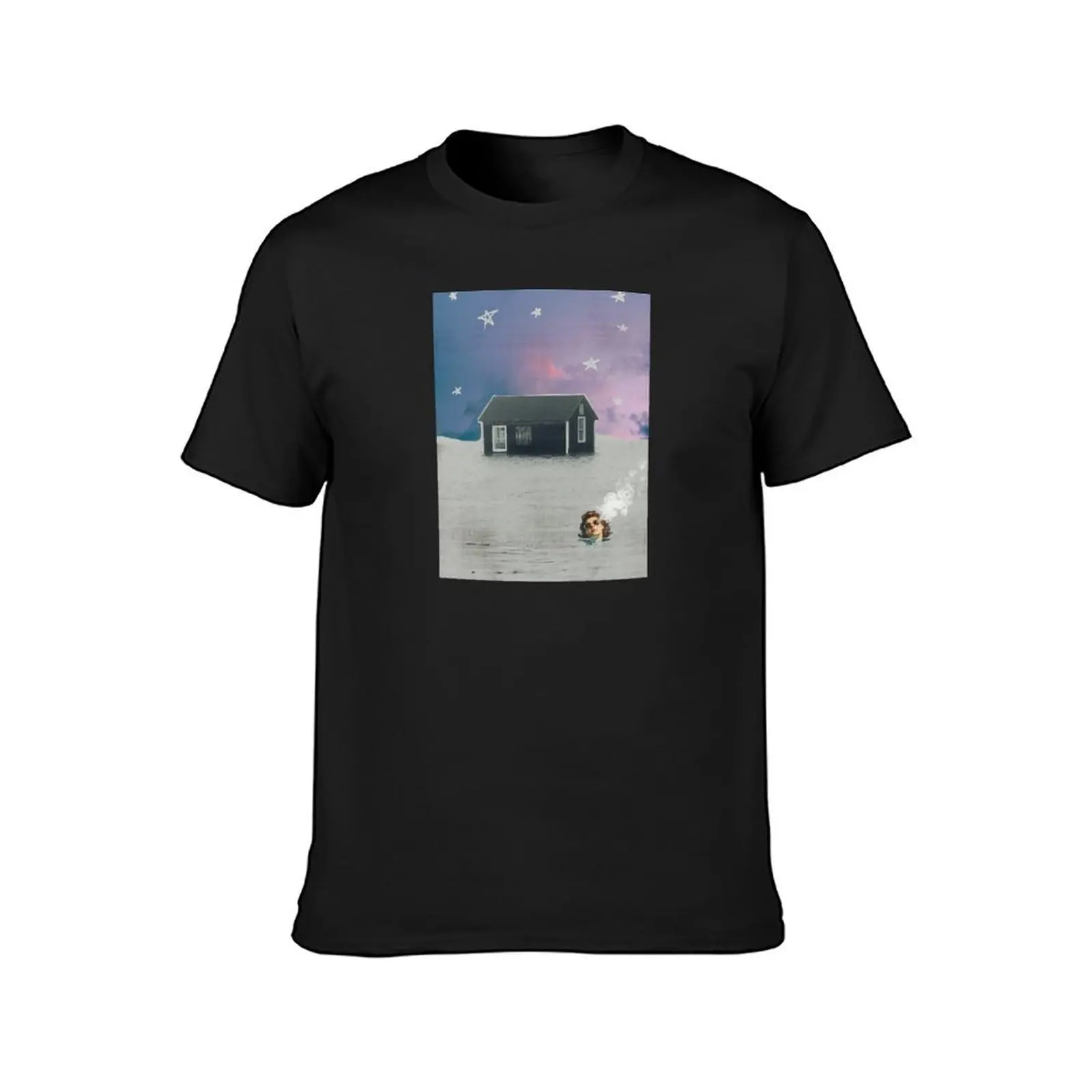 Woman smoking cigarette in a flooding coastal town collage art T-Shirt blacks Blouse heavy weight t shirts for men