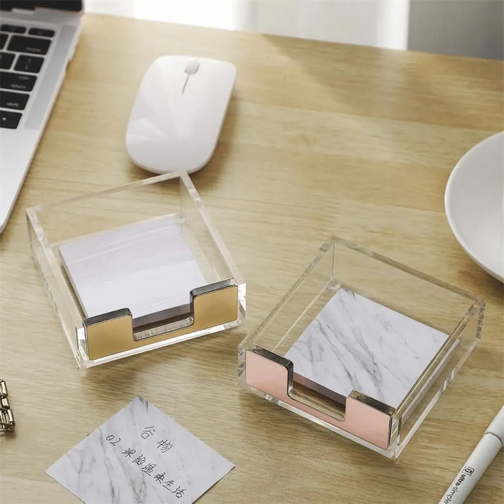 Clear Sticky Notes Box School Supplies Acrylic Transparent Memo Pad Holder Cube Rose Gold Notepads Organizer Desktop Organizer