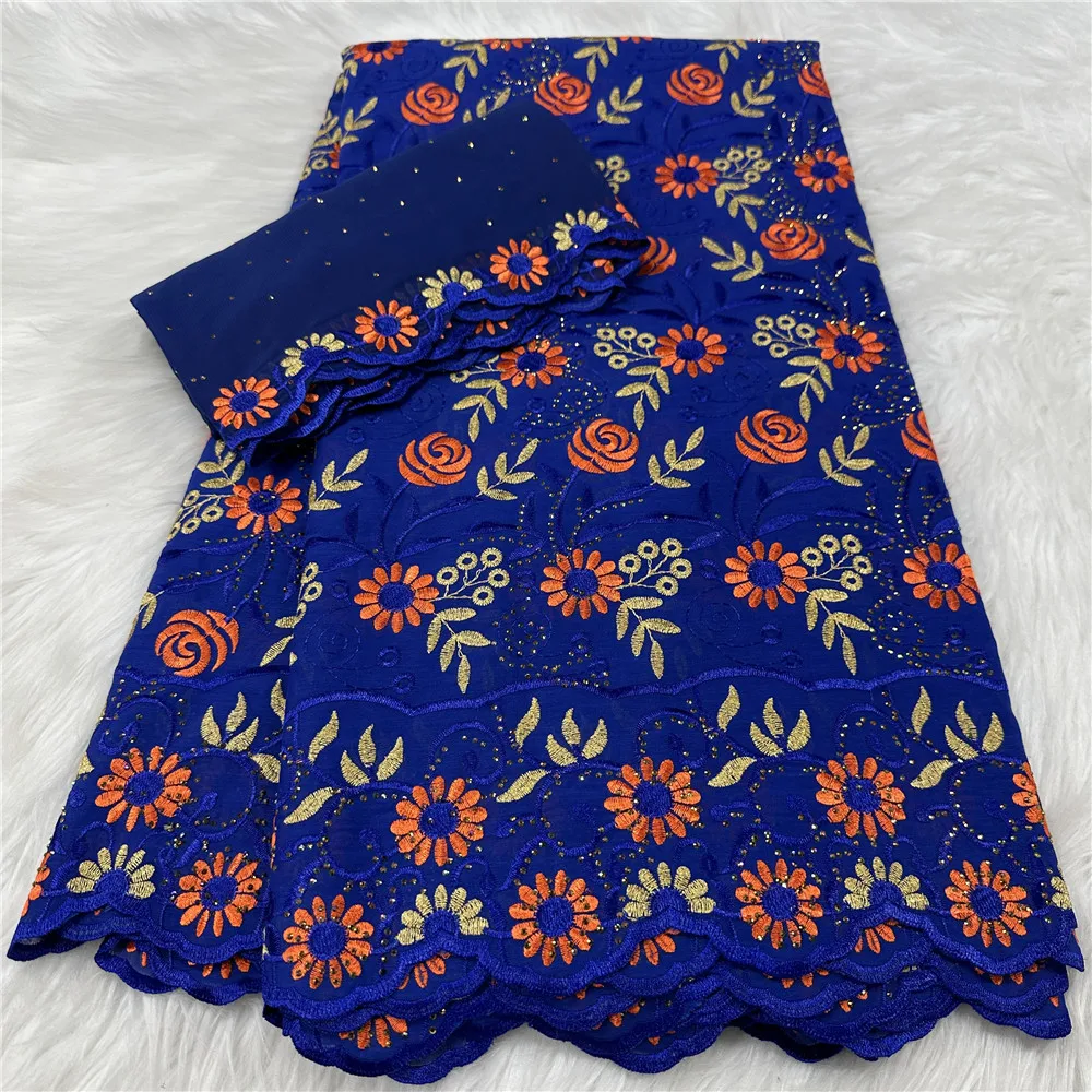 

Luxurious 5+2Yards African Lace Fabric Swiss Voile Premium Cotton Lace Embroidery Fabric with Stones for Wedding Dress 3190