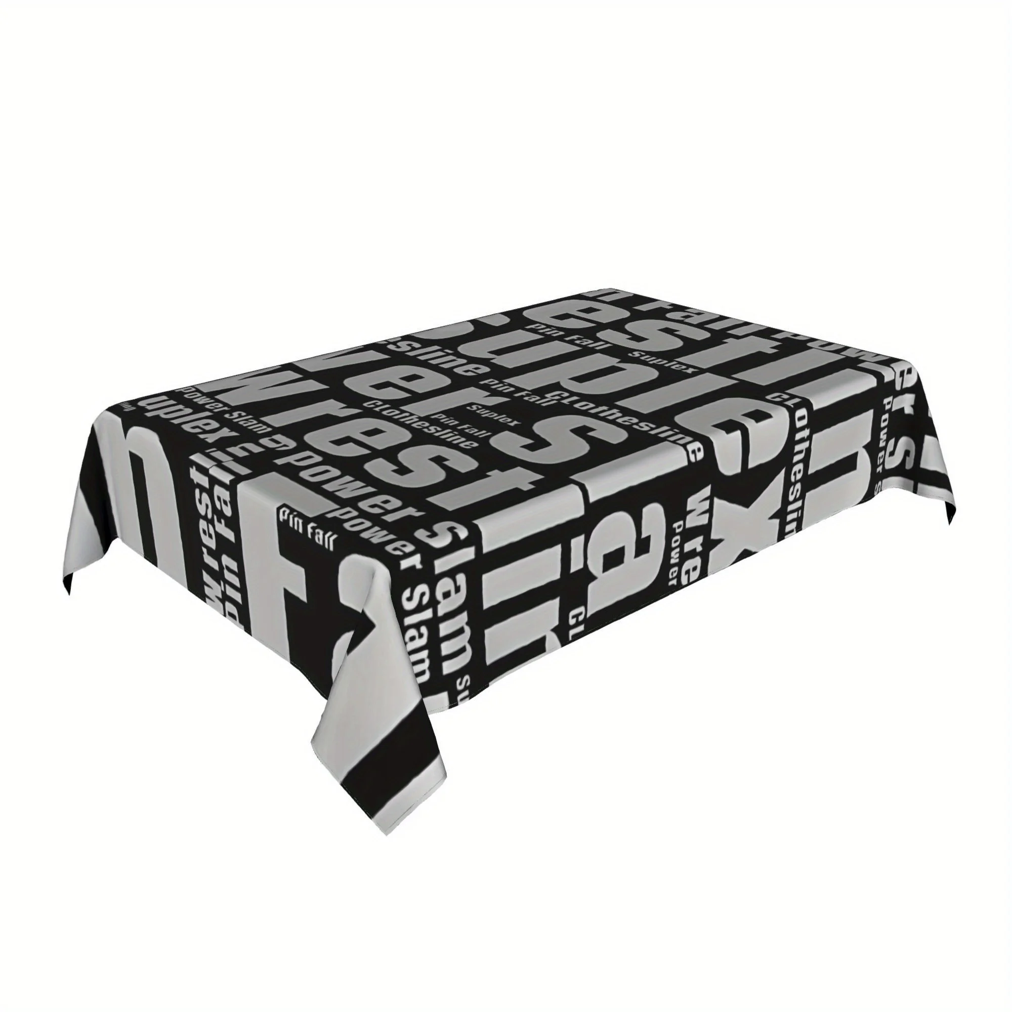Wrestling Text Tablecloth, Black Base With Wrestling Vocabulary Word Pattern, Waterproof Table Cover for Party & Daily Use
