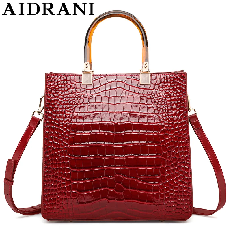 Aidrani Large Capacity Cowhide Women Tote, Crocodile Embossed Leather Bag, Amber Handle Convertible Shoulder Bag for Business