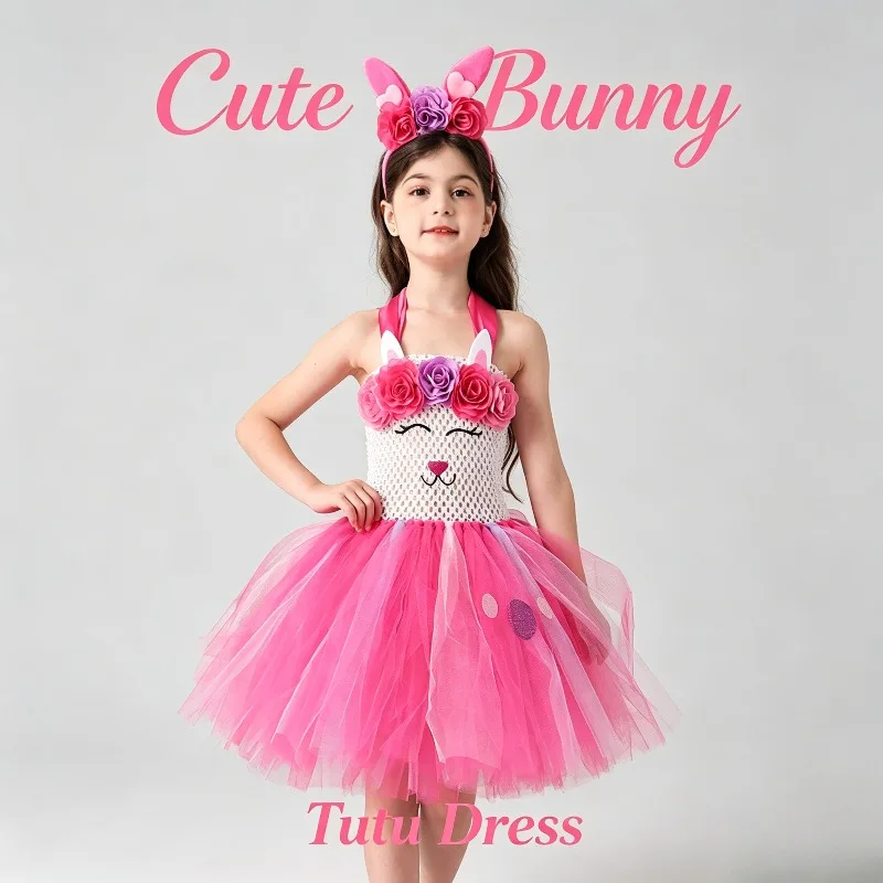 

Bunny Role Play Princess Dress Sweet Flower Festival Costume Fluffy Tulle Skirt Rabbit Ear Decor Cute Party Stage Wear Outfit