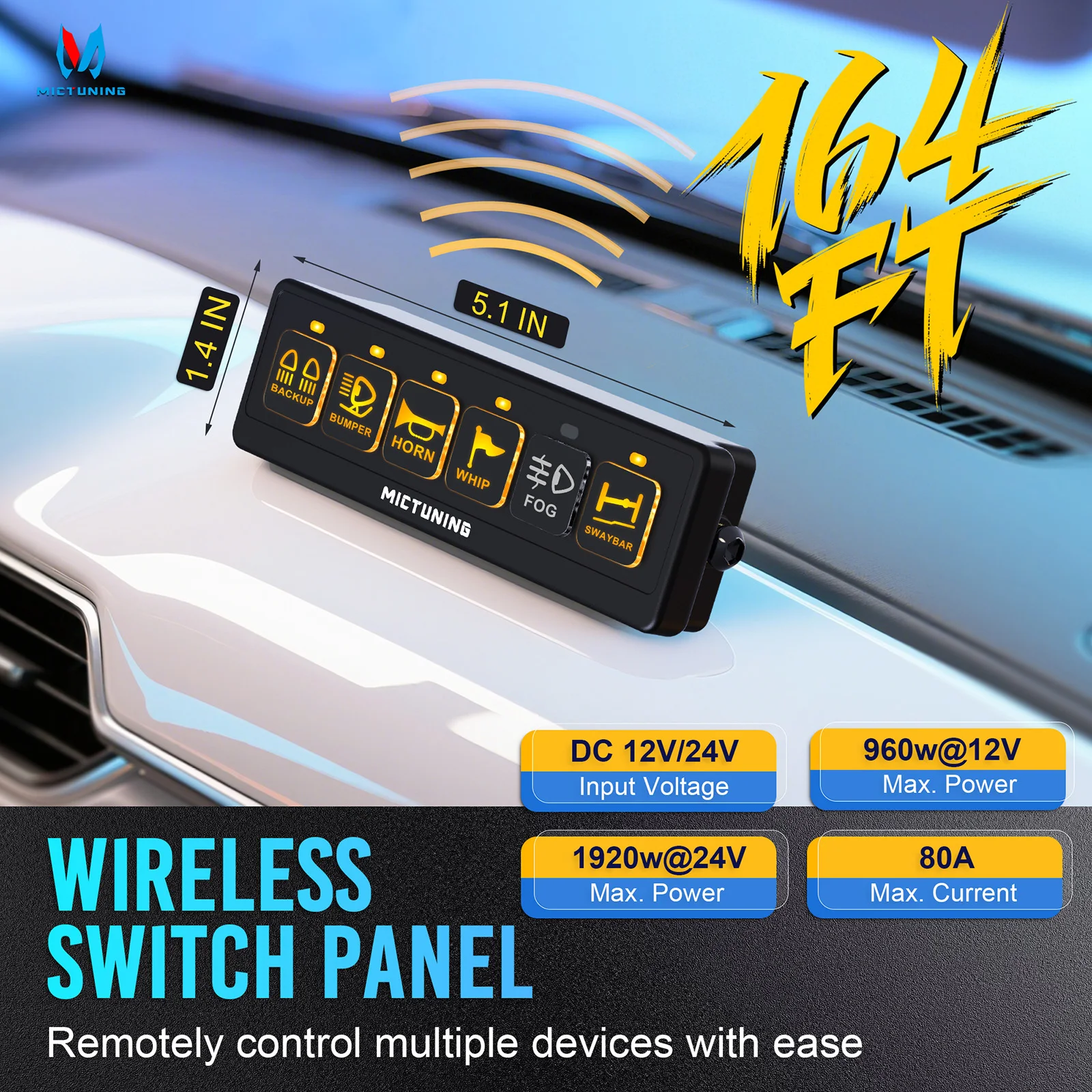 MICTUNING New version 6 Gang Wireless Switch Panel Auxiliary Car Swtich Panel Toggle/Momentary/Flash/Strobe Mode for Car SUV UTV