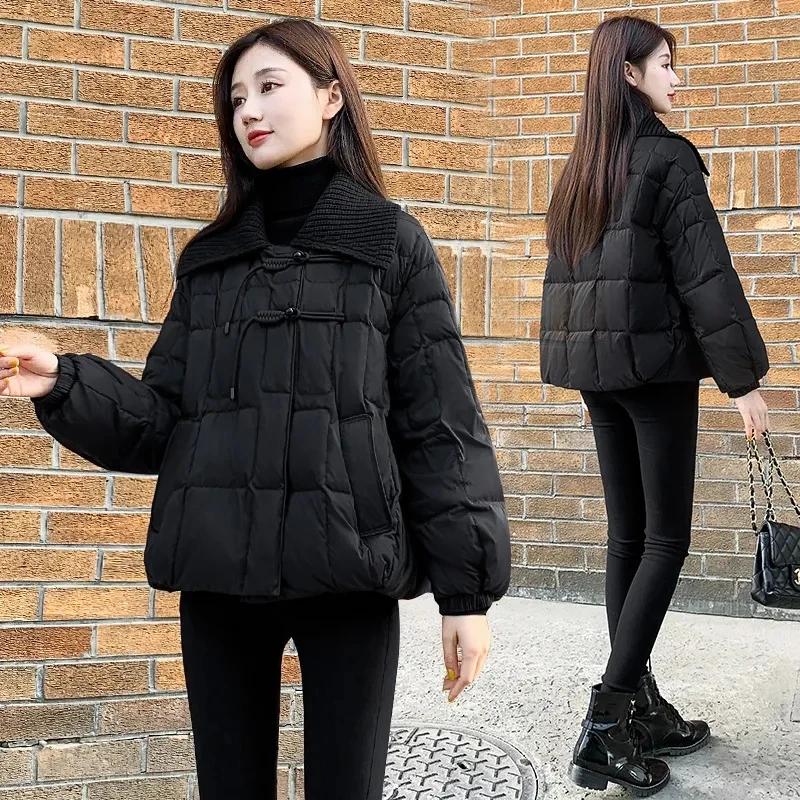 Knitted Large Lapel Short Coat Women Winter Down cotton Jacket Elegant Special Design Warm Parkas Female Windproof OutweaA1274