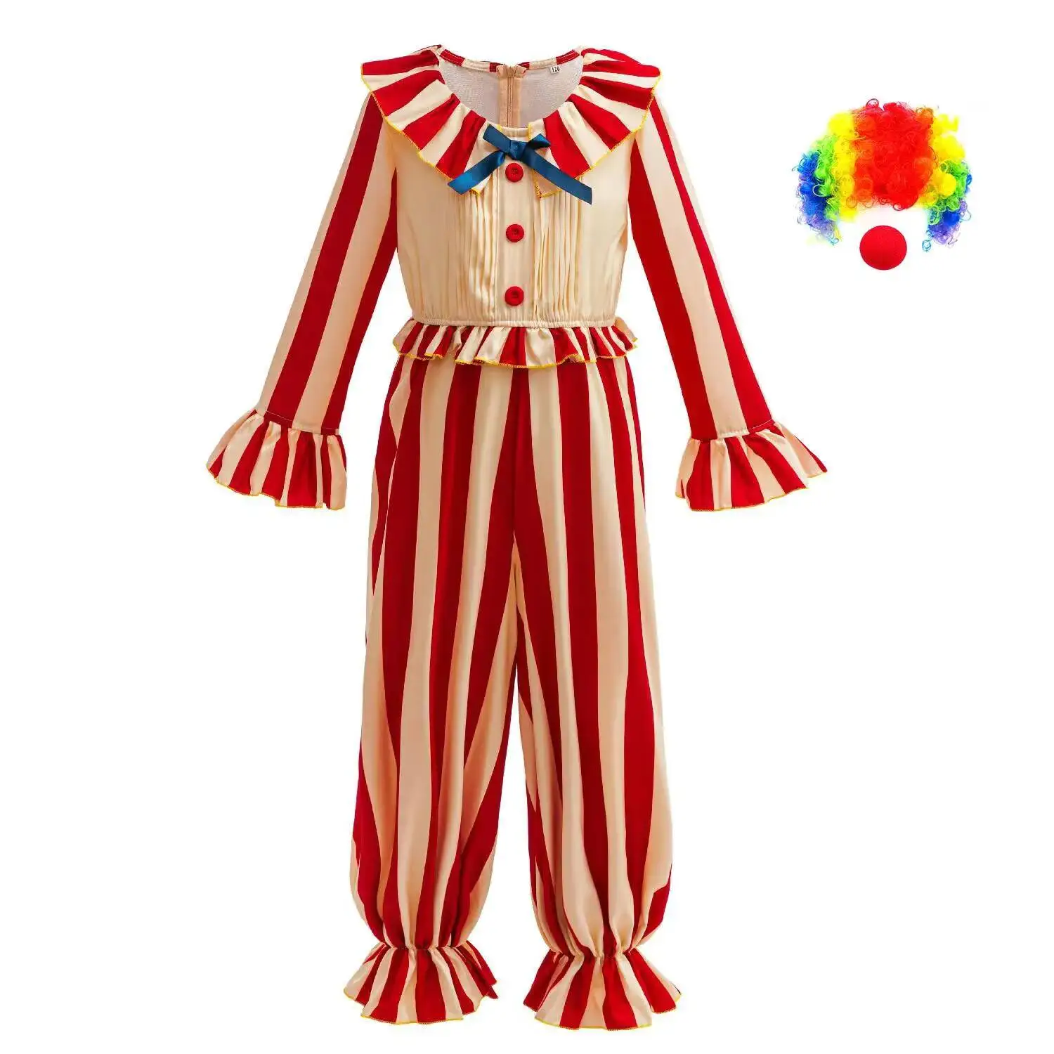 

Grils Carnival Disguise Joker Cosplay Costume Red Striped Jumpsuits Boys Girls Clown Halloween Party Stage Performance Dress Up