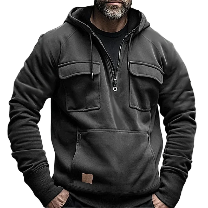 Half Zipper Men\'s Tactical Hoodies Solid Warm Fleece Military Sweatshirts Multi Pockets Male Hooded Jackets Thick Outdoor Polar