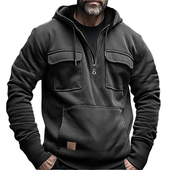 Halber Reißverschluss Herren Taktische Hoodies Solide Warme Fleece Militär Sweatshirts Multi Taschen Männliche Kapuzenjacken Dicke Outdoor Polar
