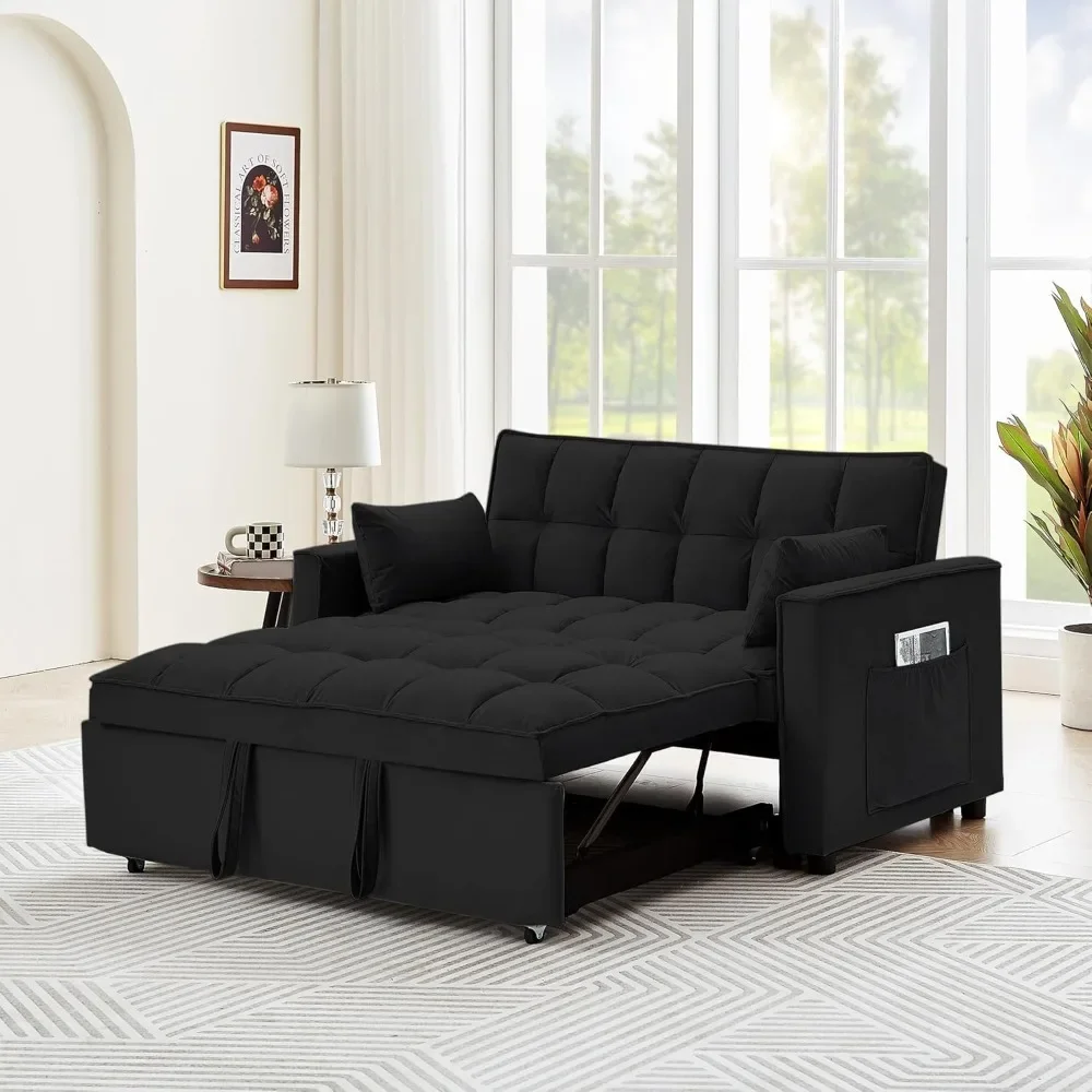 

55.2" Pull Out Couch, 3 in 1 Velvet Convertible Sleeper Sofa Bed for Living Room, Toss Pillows, Side Pockets for Small Spaces