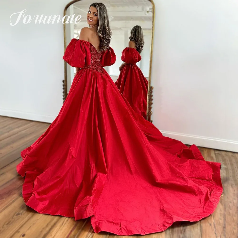 Vestidos de Noche rojos con cuello Barco, Vestido de satén con cuentas, mangas cortas abullonadas, línea A, abertura lateral, graduación, fiesta de boda