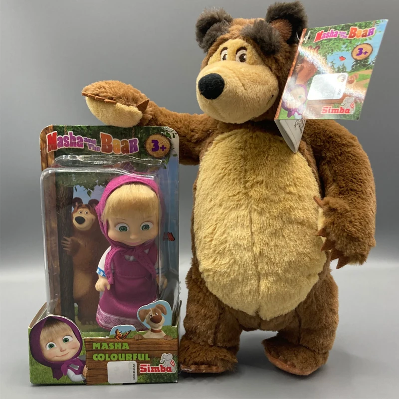 Muñecos de Peluche Mashabear de Masha y el Oso: Masha con Vestido Morado + Oso de Peluche de Pie Masha mide aproximadamente 12 cm de altura, el oso peludo mide aproximadamente 25 cm de altura.