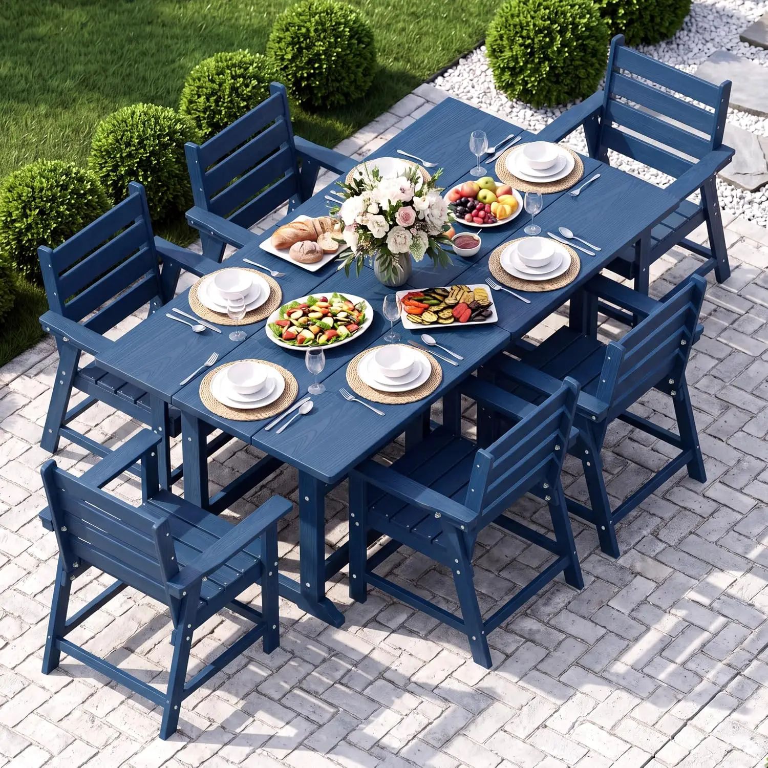 HDPE Outdoor Dining Set for 8, Weather-Resistant Patio Furniture, Navy, Customized