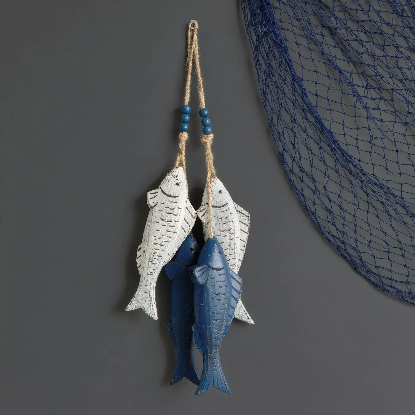 Mediterranean Wooden Carved Fish String Decor Wall Hanging Vintage Distressed Wall Ornament for Restaurant Guesthouse Home