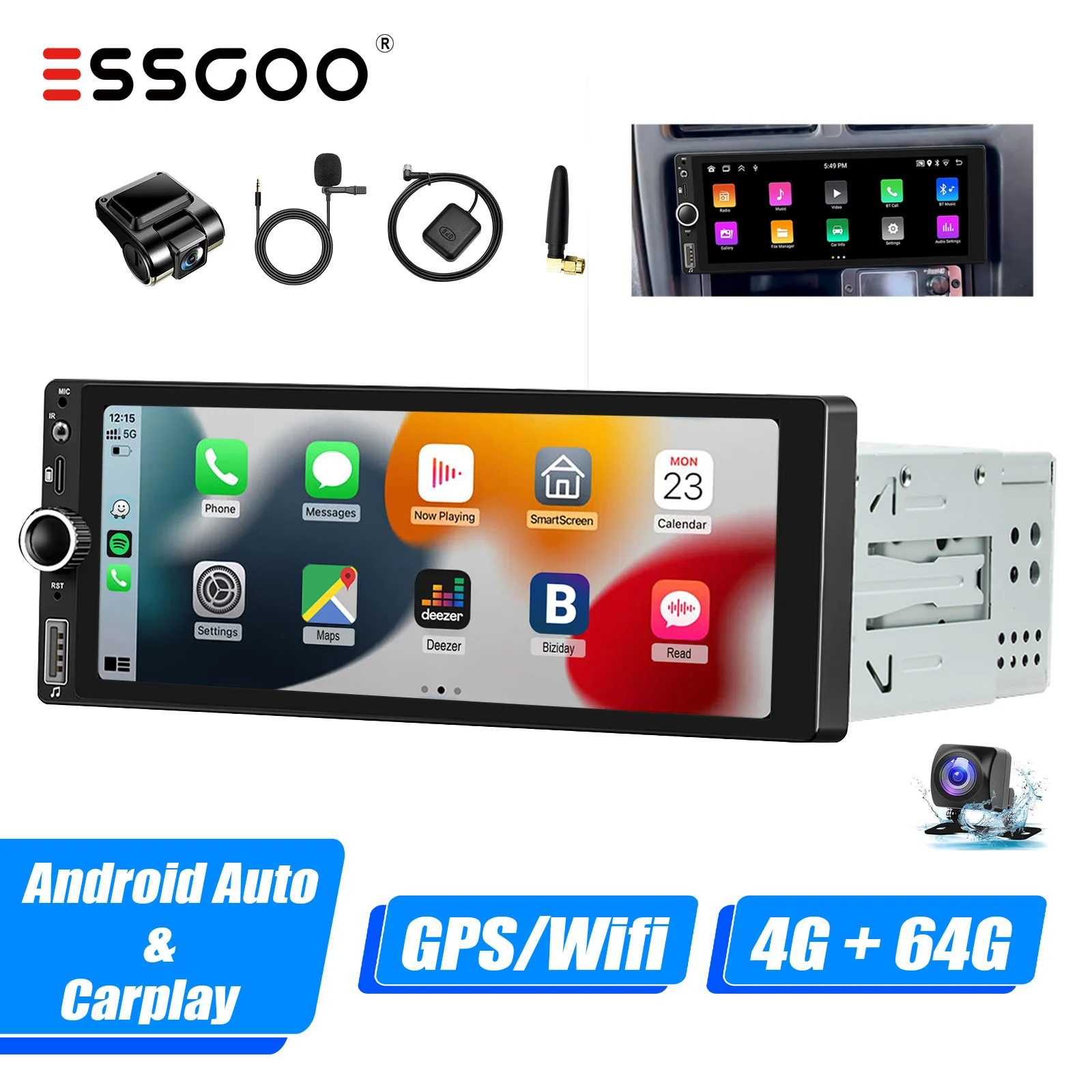 ESSGOO 1 DIN Android 14 4+64G Apple Carplay Android Auto Autoradio 6.86" IPS Scherm Bluetooth USB Type-C GPS SAT Navi RDS Wi-Fi SWC USB