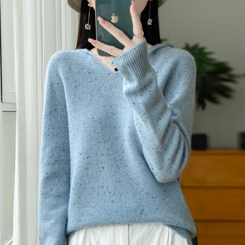 Women\'s Autumn Winter Pullover Hooded V-Neck 100% Pure Wool Dot Yarn Knitted Sweater Long Sleeved Slim Fit Loose Fashionable Top