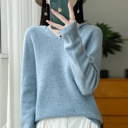 Women's Autumn Winter Pullover Hooded V-Neck 100% Pure Wool Dot Yarn Knitted Sweater Long Sleeved Slim Fit Loose Fashionable Top