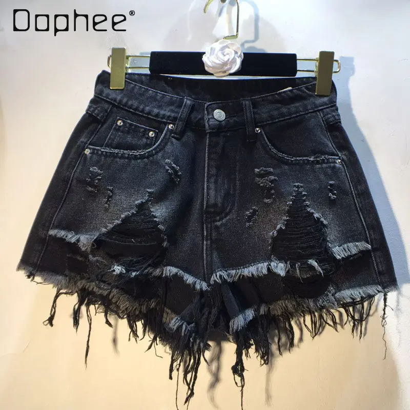 

2026 Summer New High Waist and Double-layer Rough Edge Ripped Wide Leg Denim Shorts Women's Jean Shorts Booty Shorts