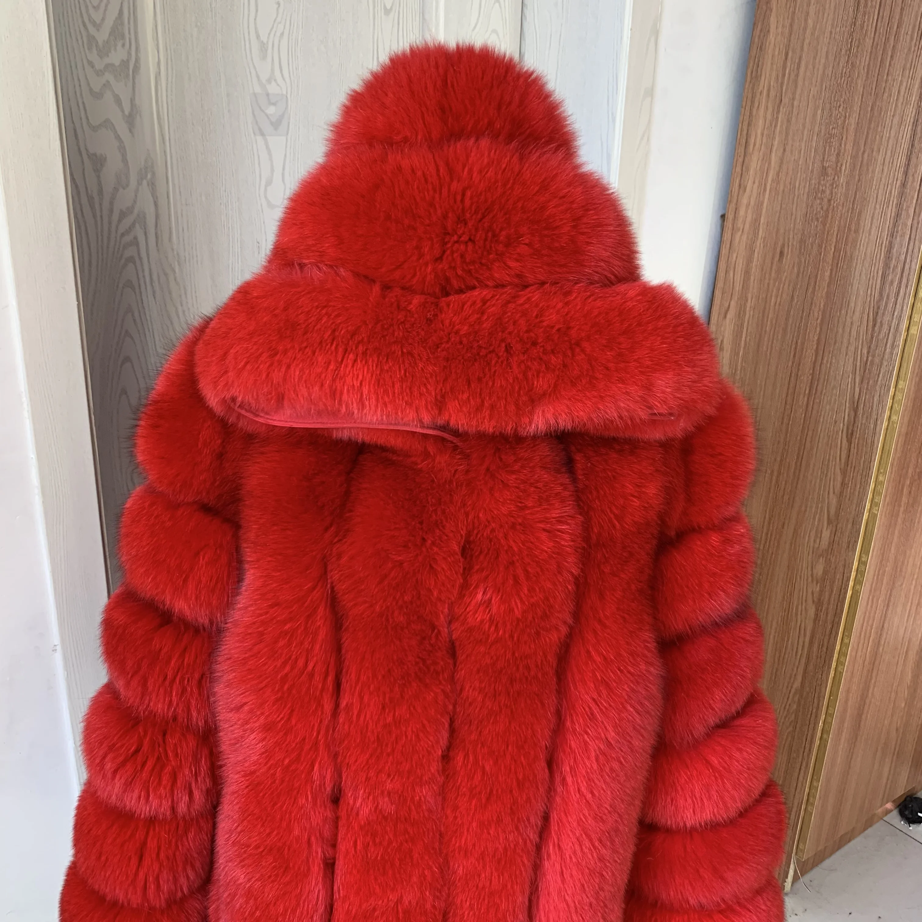 Women\'s Hooded True Fox Fur Coat, Winter Warm Jacket, Vertical 100% Natural Fur, High Quality Fashion, Genuine Fur Jacket