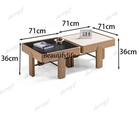 Nordic simple wabi-sabi log wind square coffee table water pattern glass microcrystalline stone coffee table combination