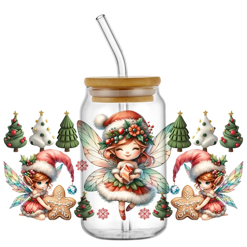 Miniso 3D Christmas Elf Decal Washable UV DTF Cup Wrap for 16oz Libbey Glasses DIY Xmas Pattern Mug Transfer Sticker