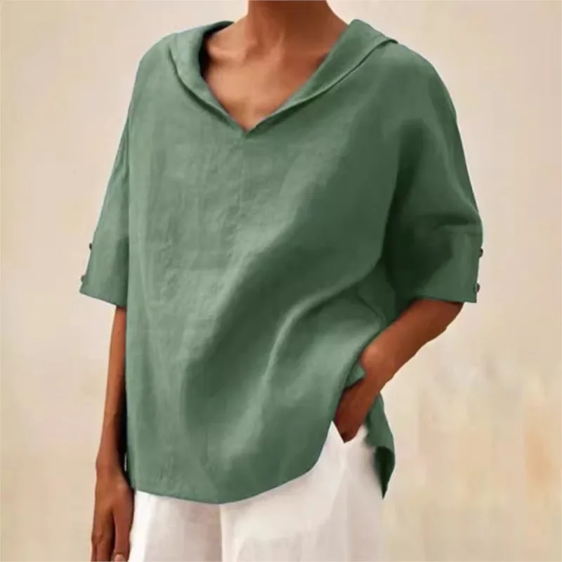 Cotton Linen V-neck Loose Women's Shirt Casual Blouse Tops Camisas Camicette Donna Estive Camisas E Blusas Short Sleeve Shirts