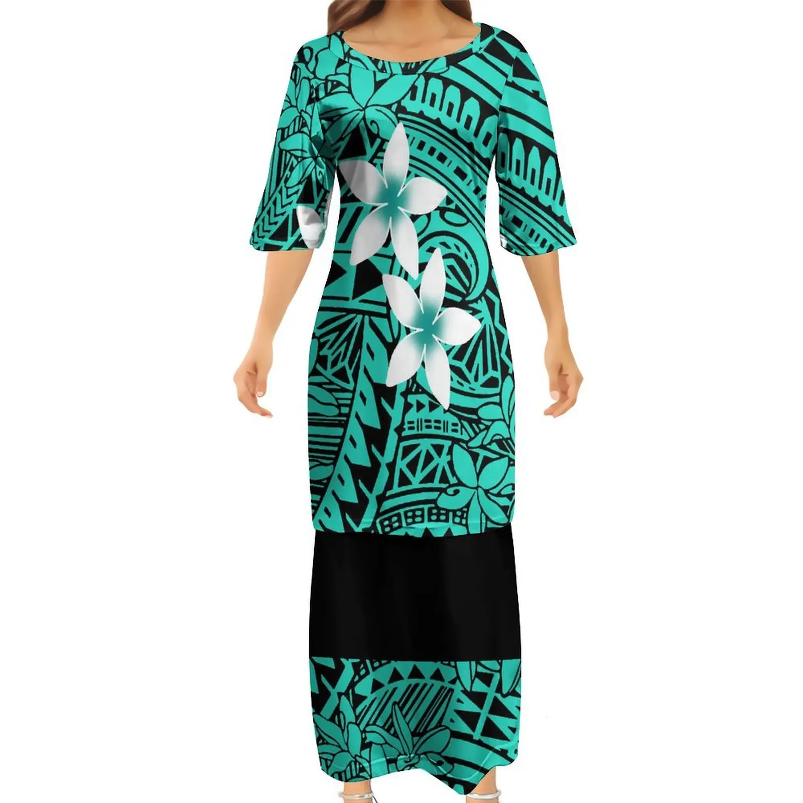 Polynesian Women'S Round-Neck Mid-Sleeve Double-Layer Dress Puletasi Custom Floral Pattern Summer Stylish Slimming Dress