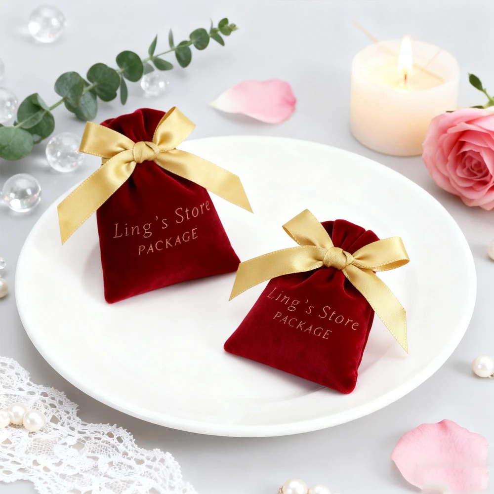 

100 шт., толстые бархатные сумки для упаковки ювелирных изделий с логотипом, шикарные свадебные сувениры, подарочный пакет, косметический саше, органайзер для ювелирных изделий