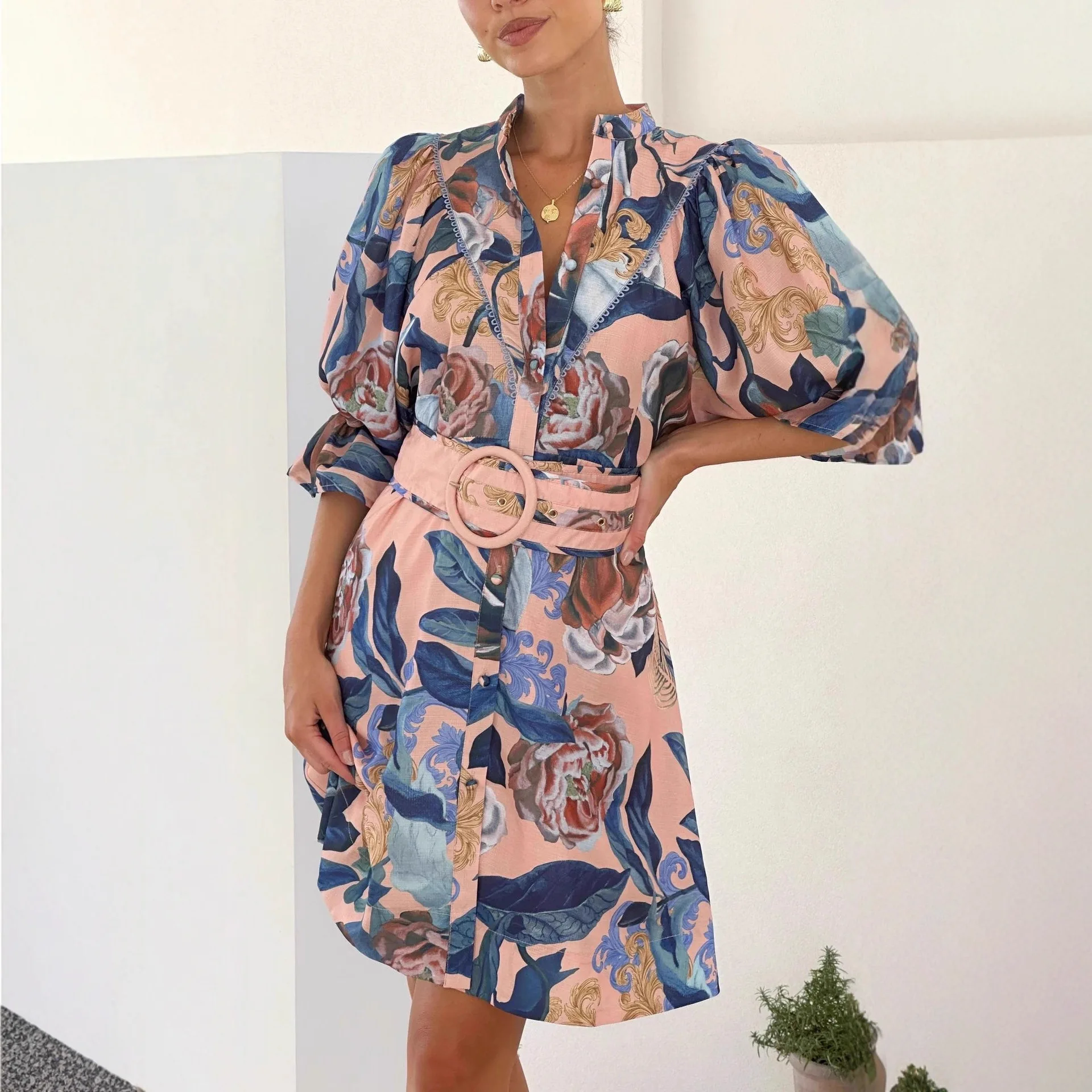 

European and American fashion printed temperament versatile linen lace dress