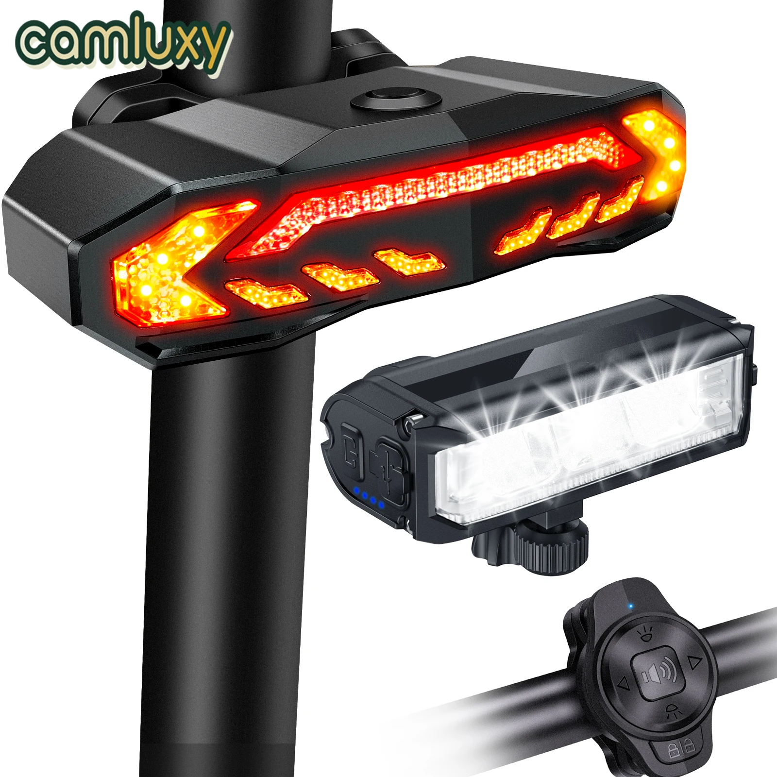 Camluxy conjunto de luzes de bicicleta recarregável com sinais de volta e luz de freio para equitação noturna luz traseira e dianteira da bicicleta