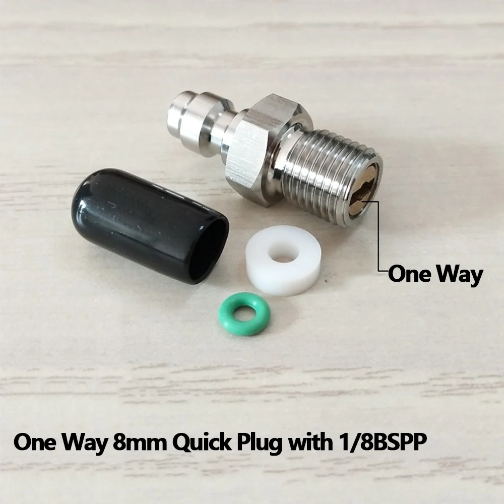 One Way CO2 ar enchimento acessórios, adaptador de mamilo, macho 8mm desconexão rápida, 1/8BSPP, 1/8NPT, M10 * 1 roscas ou reta plug