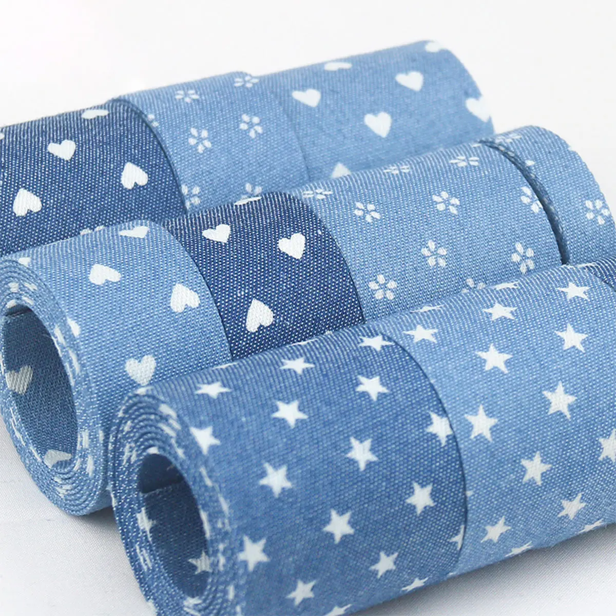 1/2.5/4cm Wide Retro Blue Press Denim Fabric Strip Ribbon Heart Flower Star DIY Headwear Bow Clothing Tie Collar Crafts Supplies