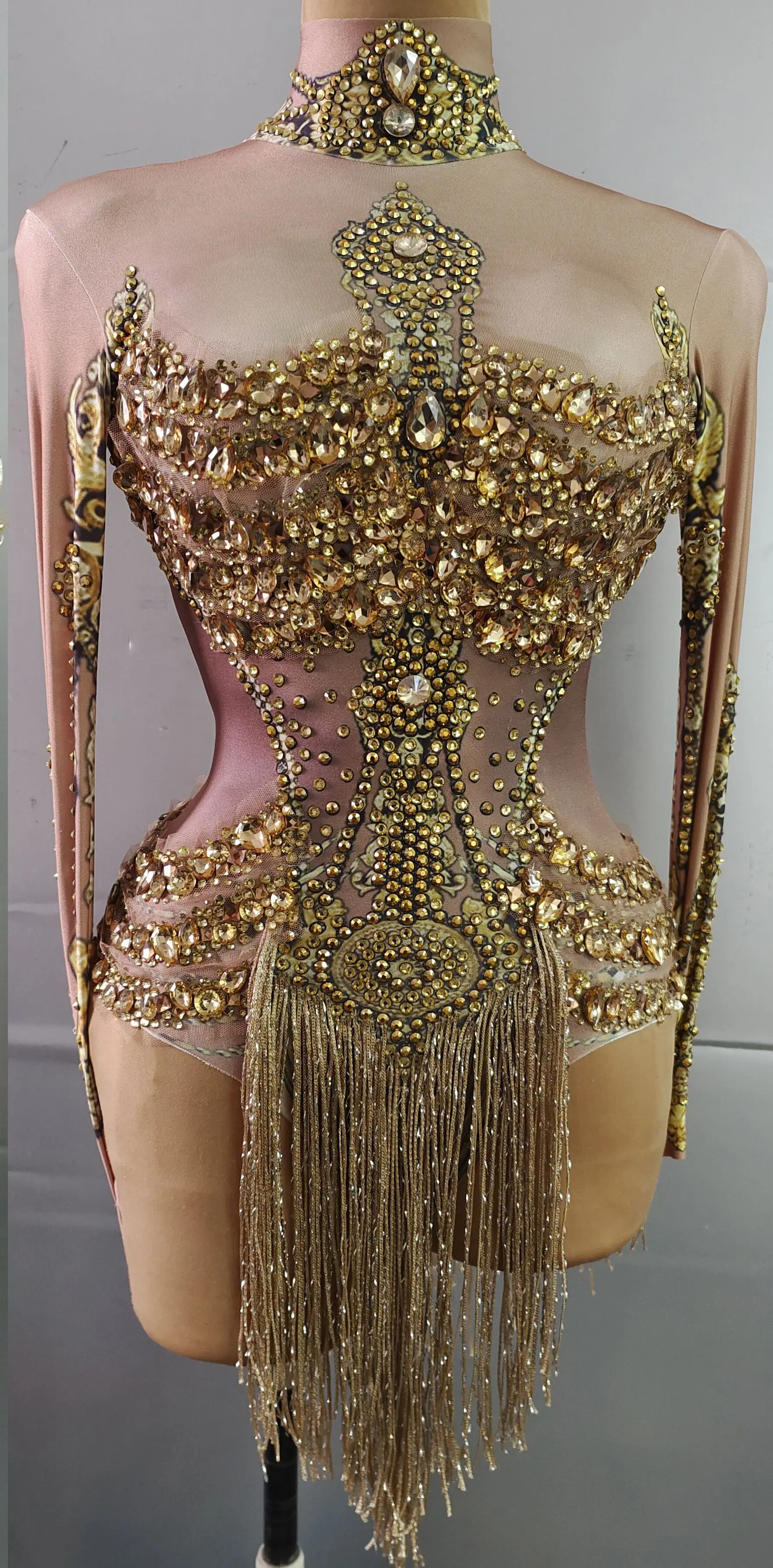 Gold Rhinestones Fringes Spandex Bodysuit Evening Birthday Celebrate Long Sleeves Leotard Women Dancer Party Costume