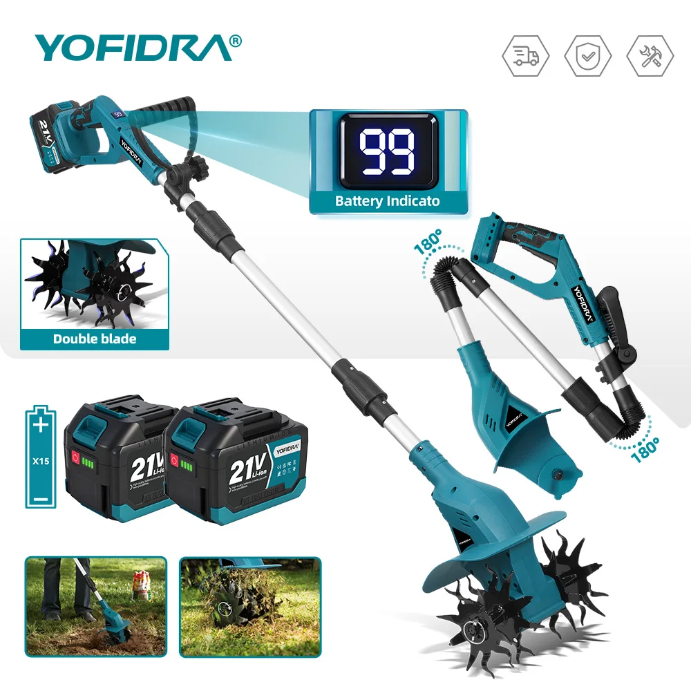 YOFIDRA Elektrische Bodenfräse, kabelloser Gartenkultivator, Bodenlockerungswerkzeug für Makita-Akkus