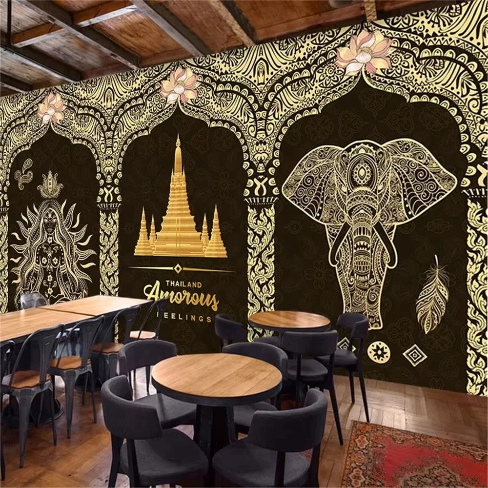 Custom Thai Southeast Asian decoration wallpaper elephant mural foot massage shop decoration SPA restaurant wallpaper Stickers