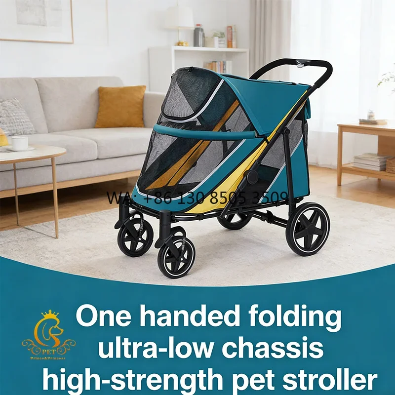 One Hand Foldable Pet Stroller PC400T  Ultra Low Chassis Dual Brake Wheels Washable Pad Dog Cat Travel Stroller