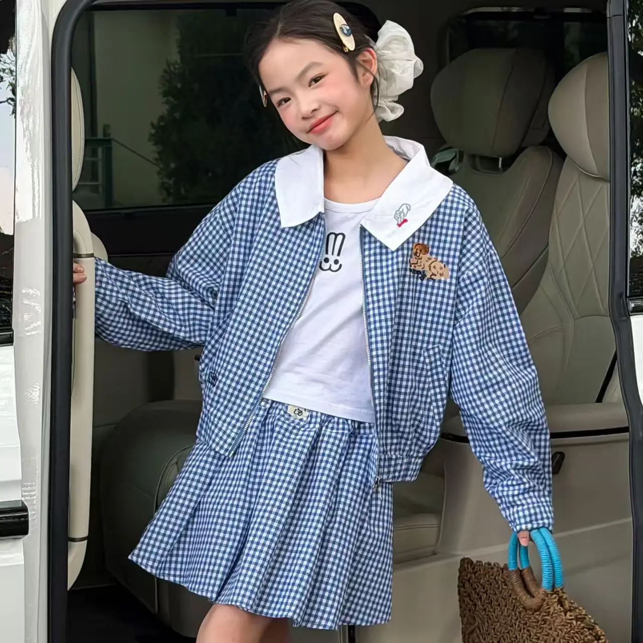 

College Style Blue Checkered Cute Little Dog Embroidered Coat Girls' Design Sense Spring Pleated Skirt